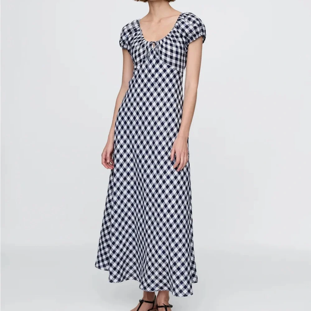 DOEN Navy Gingham Midi Dress - Women's Cap Sleeve Maxi - Picture 1 of 7